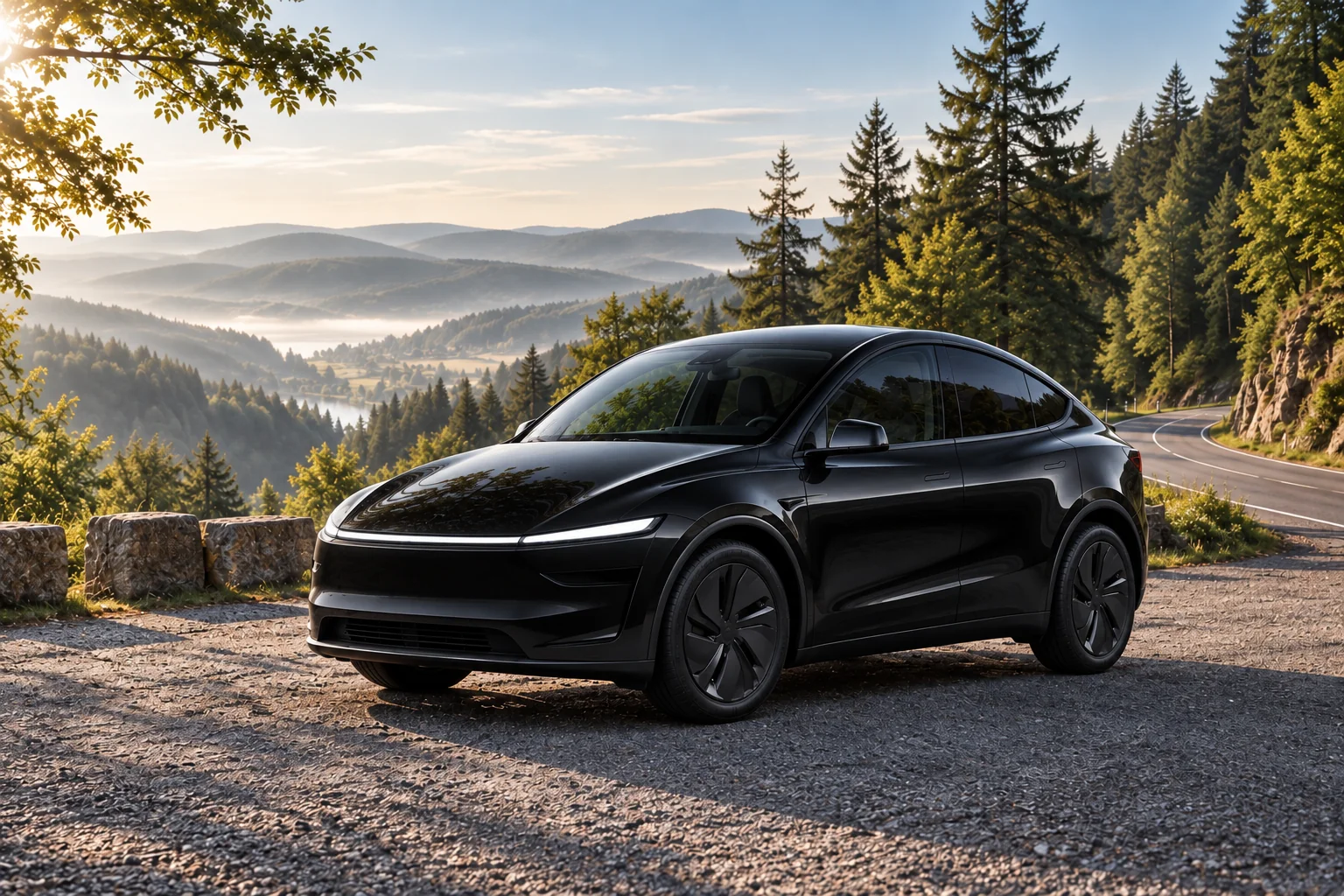Černá Tesla Model Y na výletní cestě v přírodě