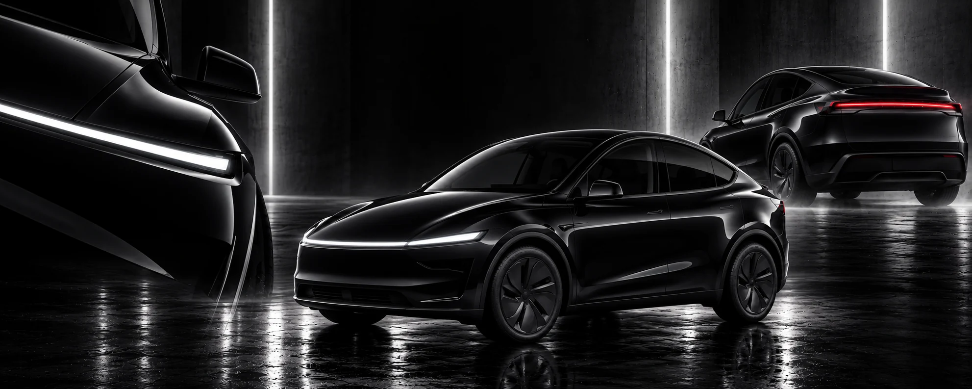 Světelné linie černé Tesly Model Y v tmavém studiu