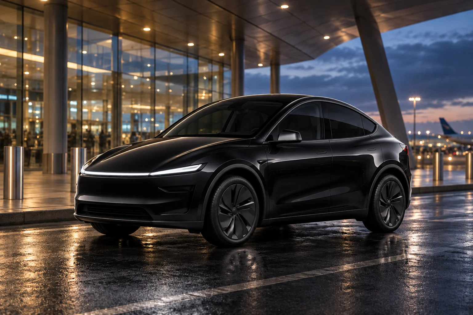 Černá Tesla Model Y před moderním letištním terminálem za večerního světla