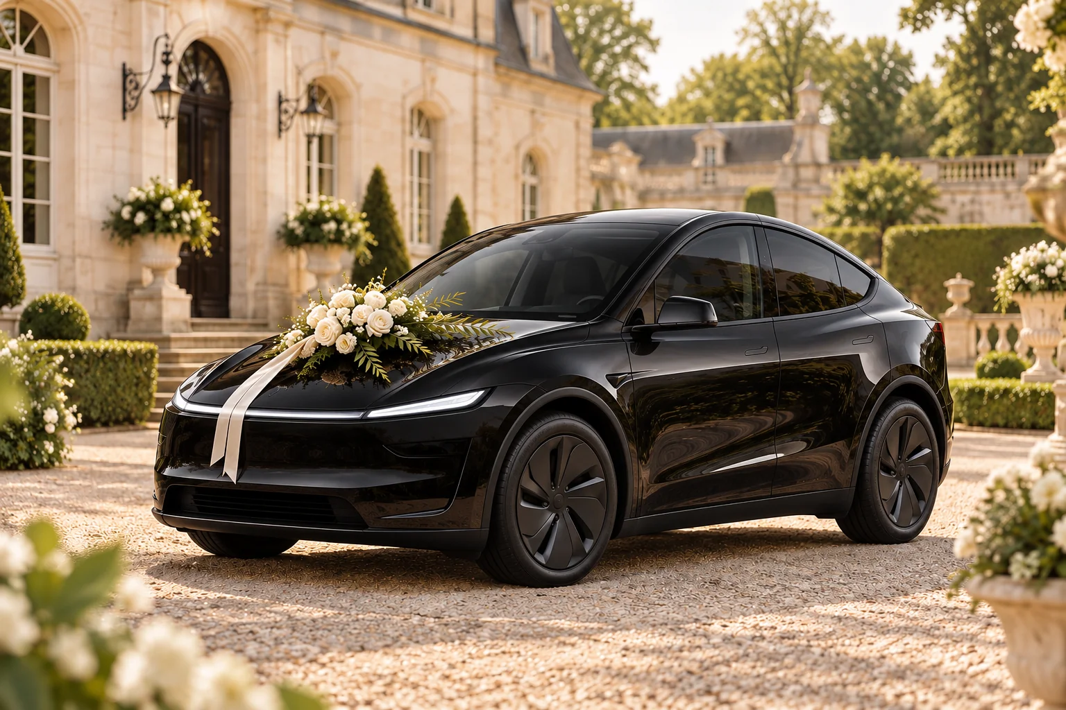 Černá Tesla Model Y ozdobená bílými svatebními květinami